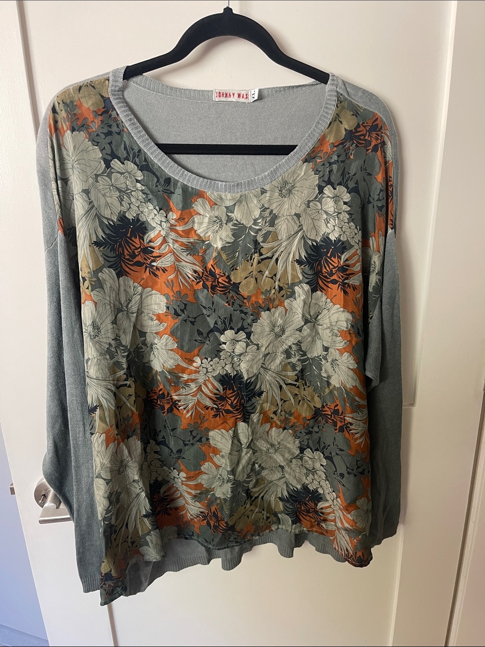 Johnny Was light teal Floral Knit Pullover with Orange Accents XL